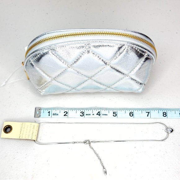 Anthropologie Silver Quilted Cosmetic Bag & Rhodium Necklace Set NWT - Picture 6 of 8